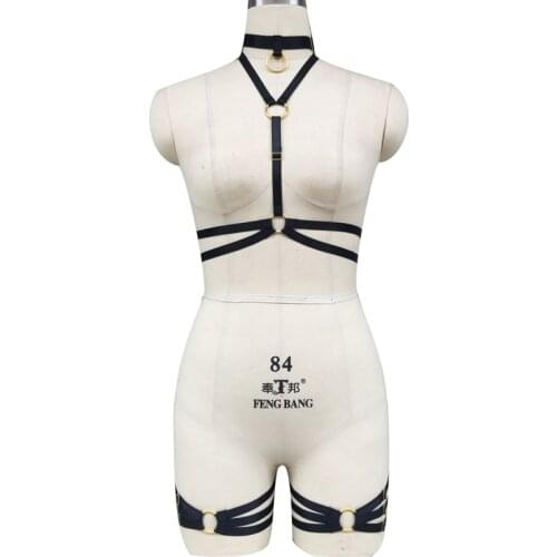 Gold adjustable body harness cage bra Harajuku harness collar leg garters Gothic harness bra Handmade harness set