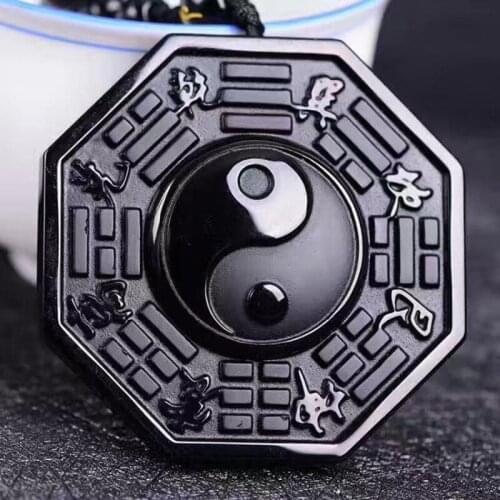 100% Black Obsidian Stone Pendant Carved Yin-Yang Gossip Eight Diagram Pendant Beads Necklace Gift for Men Jewelry Free Chain