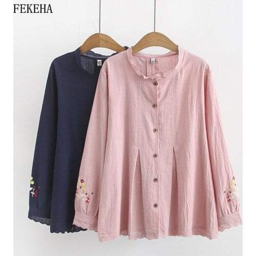 100% Cotton Embroidery Shirts Women Blouses Floral Print Lady Tops Loose Female Clothes Plus Size Autumn News