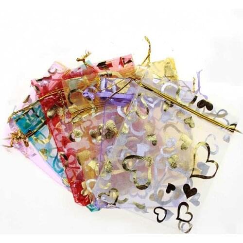 15*20cm 50pcs Multicolor Gold Heart Gift Bags For Jewelry/wedding/christmas Yarn Bag With Handles Packaging Organza Bags