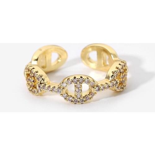 18k Gold Plated Cooper Shiny Full Zircon Geometric Pig Nose Chain Rings For Women Adjustable Open Design Rings