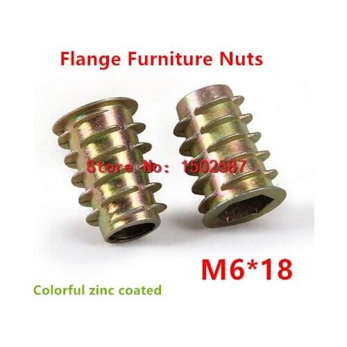 20pcs/lot M6*18 Furniture Nut Zinc Alloy Steel Colorful Plated Flanged Hex Drive Internal Thread Insert Wood Nuts
