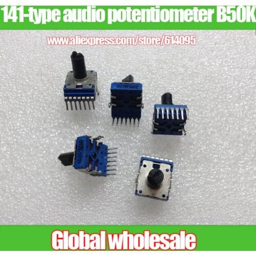5pcs 141-type audio volume control potentiometer B50K / double 7-pin 13.5MM Axle half potentiometer B50Kx2