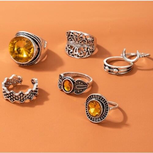 7 Pcs/set Silver Color Ring Vintage Ethnic Moon Knuckle Hollow Rings Punk Midi Finger Crystal Zircon Jewelry Bohemia Female Ring