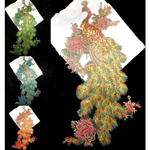 White Black Colorful Green Blue Purple Red Sequins Peacock Phoenix Feather Lace Patch Mesh Applique Embroidery Lace Fabric