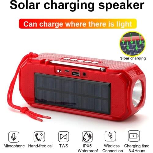 Solar Power Charging Wireless Bluetooth Speakers Stereo Subwoofer Portable Outdoor Music Box With Flashlight FM Radio Sound Box