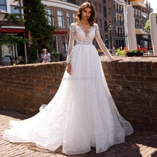 V Neck Shiny Tulle Wedding Dresses with Long Sleeves Lace Appliques A Line Open Back Sweep Train Bridal Gowns vestido de noiva