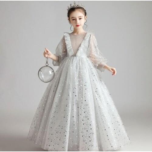 Flower Girls Birthday Banquet Sequin Lace Long Gown Elegant Evening Party Dress Princess Flower Girls Eucharist Party Dresses