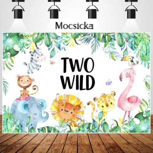 Two Wild Safari Birthday Photo Backdrop Woodland Animal Birthday Party Decoration Poster Lion Elephant Photography Background