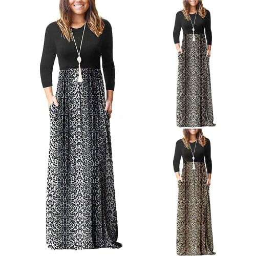 Elegant Leopard Print Patchwork Bodycon Long Dress New Autumn Long Sleeve O-neck Stretchy Robe Maxi Dress Women Hips Vestidos