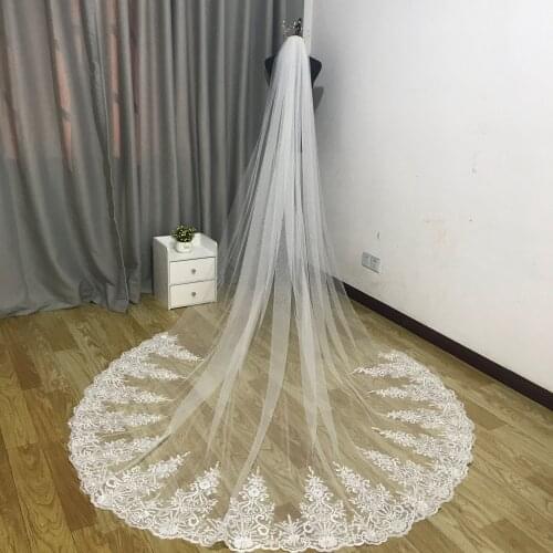 New Custom Made Luxury 4M Wedding Veils With Lace Applique Edge Long Cathedral Length Veils One Layer Tulle Custom Made Veil