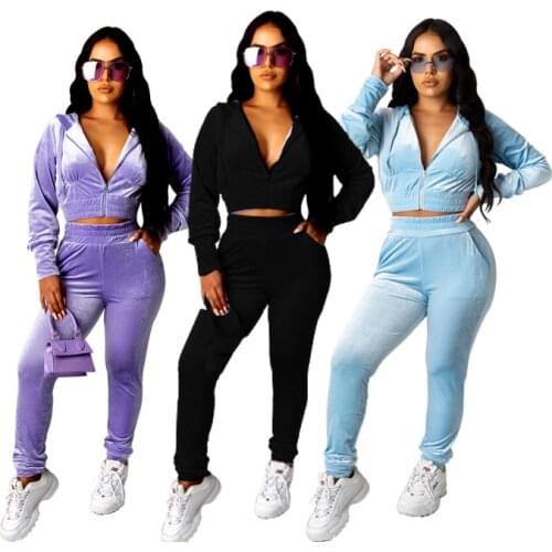 FNOCE 2020 autumn winter womens sets Fashion warm Korean Velvet solid Casual Hoodie tops tight trousers Two-Piece Set Suit