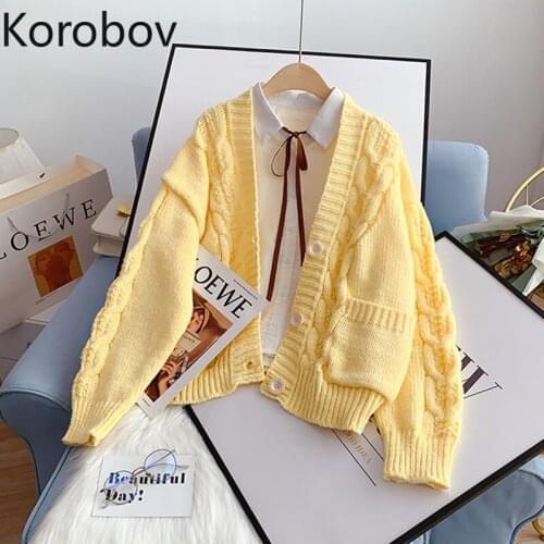 Korobov 2021 New Preppy Style Women Cardigans Korean Single Breasted Solid Cardigan Sweaters Autumn Vintage Pockets Sweater