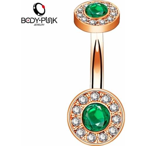 BODY PUNK Rose Gold Color With Rhinestone Green Crystal Round Shape Belly Button Piercing Rings For Women Body Jewelry