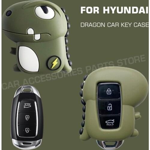Cute Dinosaur Car Key Case Cover Bag For Hyundai i30 Ix35 Kona Encino Solaris Azera Accent TM Palisade Santa Fe Accessories