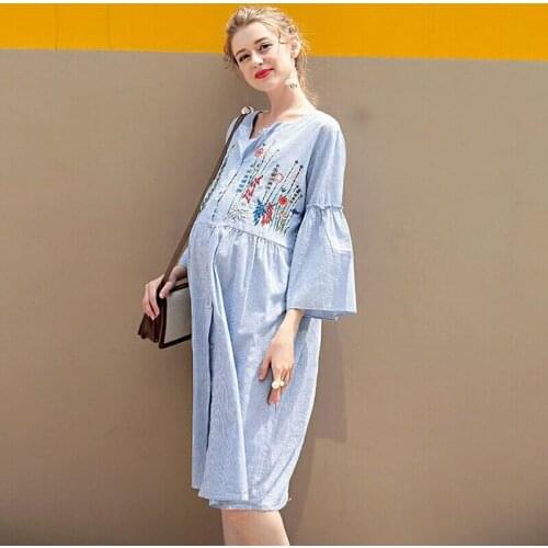2021 Summer Fashion maternity clothes Floral Embroidery ruffle sleeve maternity dresses for pregnant women