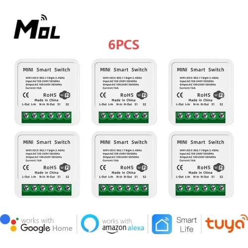 MOL 6PCS 16A Mini Smart Wifi DIY Switch Support 2 Way Control Smart Home Automation Module Works With Alexa Google Home