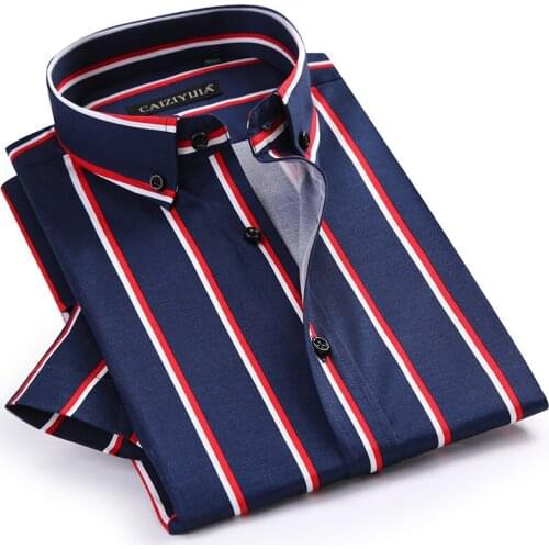 GREVOL New Summer Fashion Brand 100% Cotton Smart Casual Men Shirts Mens Short Sleeve Thick Vertical Striped Shirt