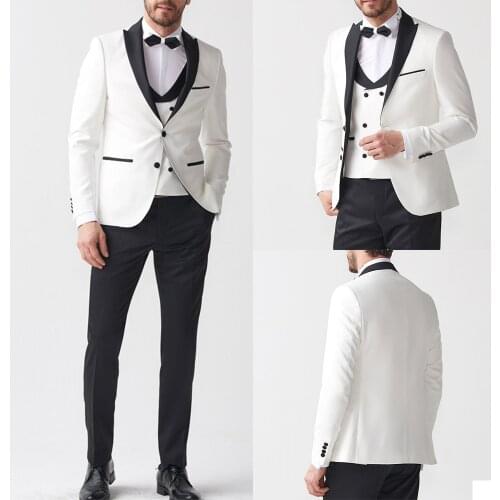 3 Pieces Men Suits&White Blazer+ Black Pant+ White Vest Formal Tuxedos Custom Made Wedding Suits