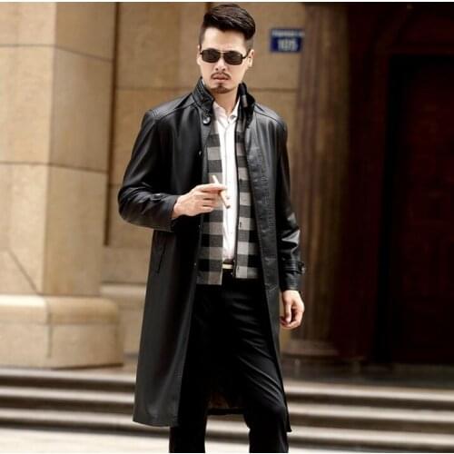 Thin long leather coats men casual single-breasted coat mens leather trench coats stand collar black fashion 219 autumn M - 3XL