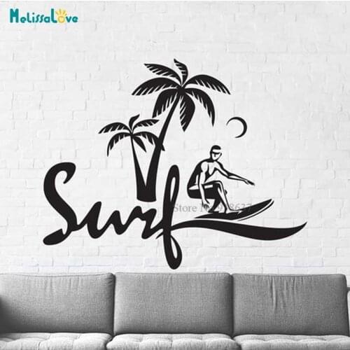 Surfing Wall Sticker Summer Hawaii Beach Theme Decal Coconut Tree Vacation Decor Removable Vinyl Murals BD098