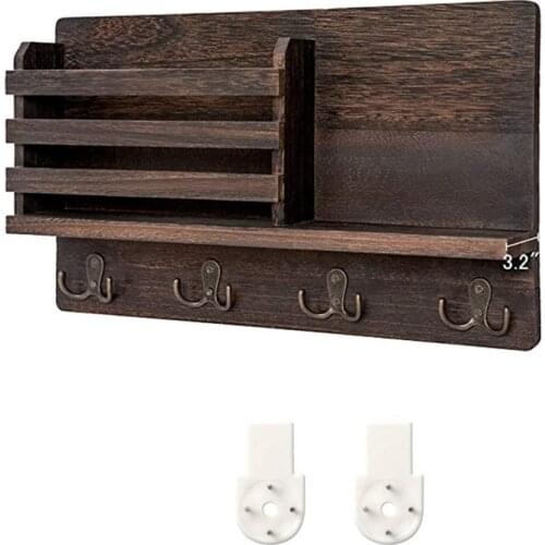 Wall Mounted Mail Holder Wooden Mail Sorter Organizer with 4 Double Key Hooks and a Floating Shelf Rustic Home Decor