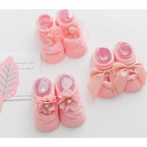 Toddler Girl Socks Non-Slip Cotton Bowknot Newborn Baby Socks Pearl Flower Hollow Out Kids Socks Boys Anti Slip For 0-3 Yrs