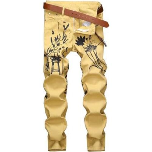 New Mens male casual slim trousers lotus flower bird printed jeans Fashion Chinese painting yellow denim pants