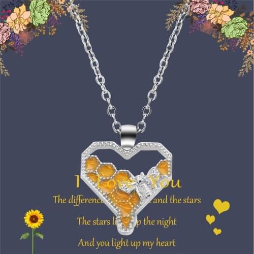 ：Heart-Shaped Sign Bee Necklace with Dripping Honey Honeycomb Women Beehive Bumblebee Jewellery Gift with Card HoneyBee LJ39F-39