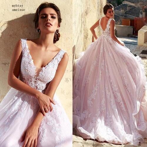 Romantic Tulle V-neck Neckline A-line Plus Size Wedding Dress 2020 Lace Appliques Pink Long Bridal Gown Vestido De Noiva Luxury