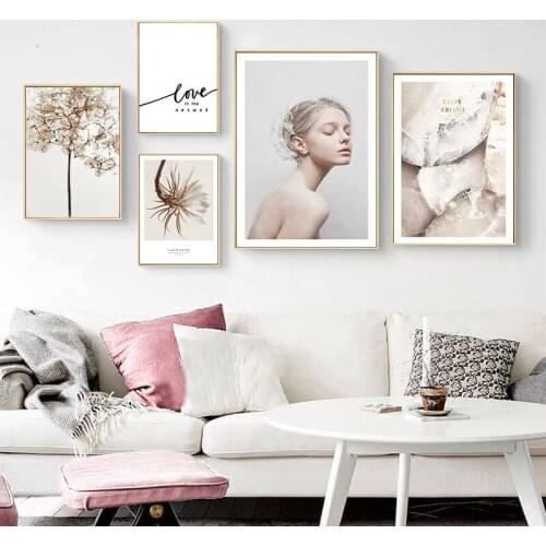 Scandinavian Flower Characters Beauty Landscape Canvas Painting Decorative Painting Girl Bedroom Grey White Color Home Decor