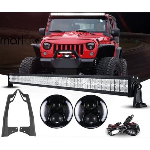 Marloo Wrangler JK Accessories 7 Inch LED Headlight White Amber Halo + 52" 300W Led Work Light Bar + Mounting brackets For Jeep