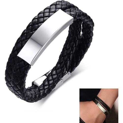 Trendy Black Double Layers Pu Leather Cuff Braided Bracelets For Mens Stainless Steel Charm Bracelets Jewelry