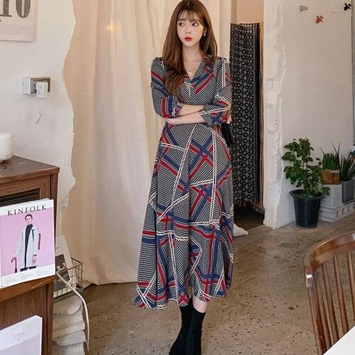 Vintage Bohemian Print Long Dress Women Spring A-line Maxi Dresses OL Casual Sexy V-neck Elegant Korean Office Lady Vestidos