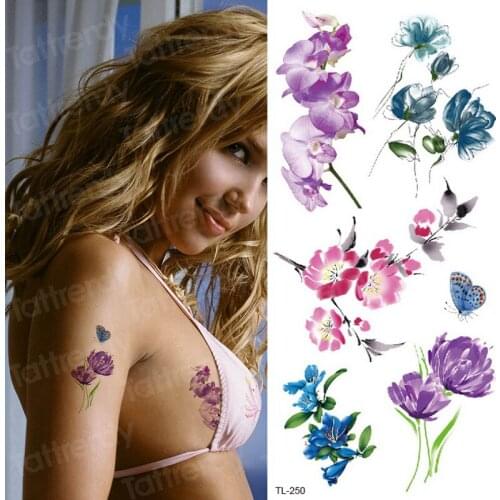 Temporary tatoo waterproof purple unique flower tattoos summer style fashion sexy tattoo women waterproof body tattoo watercolor