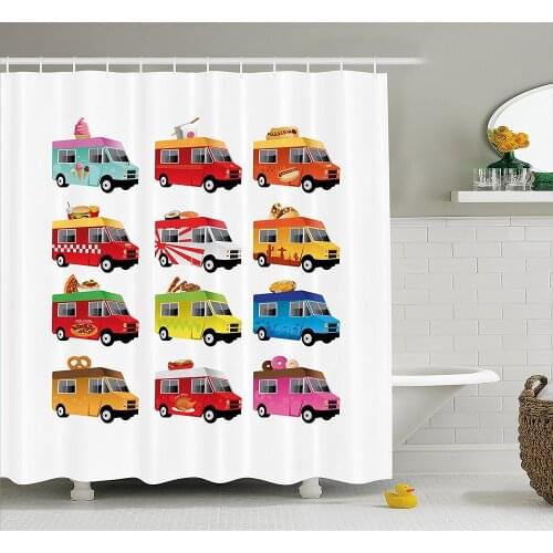 Truck Shower Curtain Ice Cream Asian Doughnut Burgers Pizza Sushi Hotdog Colorful Food Truck Illustration Bath Curtains