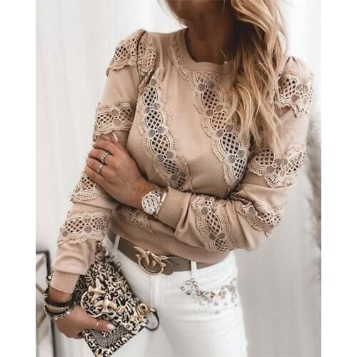 New 2021 Spring Autumn Womens Blouse Patchwork Lace Pullover Crew Neck Hollowing Out Casual Shirts Elegant Trendy Loose Blouse