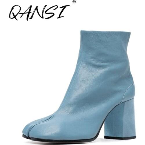 Handmade Blue Leather High Heel Boots for Women Fashion Split Toe Shoes Woman Boots Slip on Chunky Heel Womens Ankle Boots