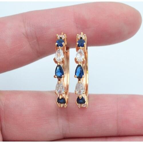 Gold Color Women Fashion White Blue Teardrop Cubic Zirconia CZ Huggie Hoop Earrings Jewelry