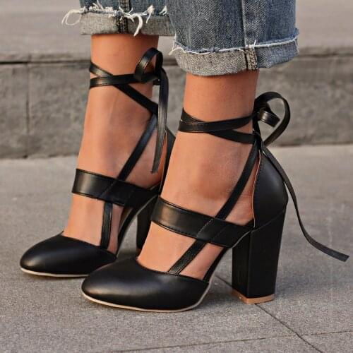 Womens High Heel Shoes Lace Up Ladies Fashion Bandage Hollow Out Round Toe Chunky High Heel Comfortable Walking Shoes Plus Size