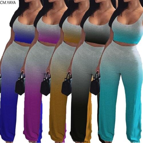 CM.YAYA Gradient Women Set Two Pieces Set Tracksuit Mini Tank Tops Straight Pants Jogger Sweatpant Suit Outfit Matching Set