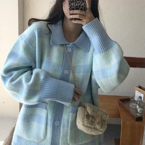 Womens Autumn Ainter Long Sleeve Plaid Cardigans Ladies Loose Knitwear Outwear Top Casual Knitting Sweater Cardigan