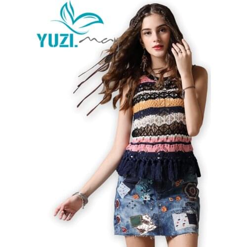 Ladys Sweater 2018 Yuzi.may Boho New Cotton Pullover Sleeveless O-Neck Hollow Out Striped Sweater Women B9259 Top Female