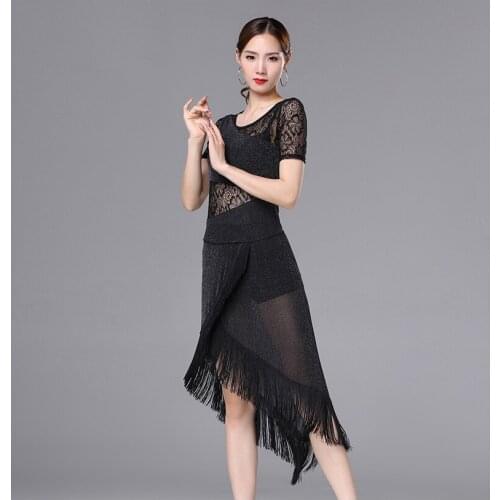 Ladies Latin Dance Dress Black Sexy Salsa Dresses Womens Professional Competition Dance Costumes Short Sleeve Tango Dresses