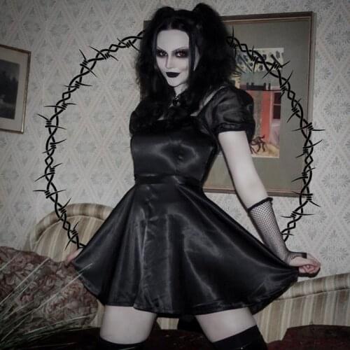 Harajuku Summer High Waist Strappy Pleated WomenS Dress Dark Vintage And Gothic Female Dress Mesh Party And Fashion Vestidos