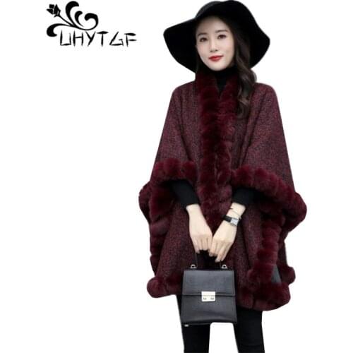 UHYTGF Autumn winter woolen coat women fashion bat sleeve cape shawl elegant women coat plus velvet warm cape plus size top 1272