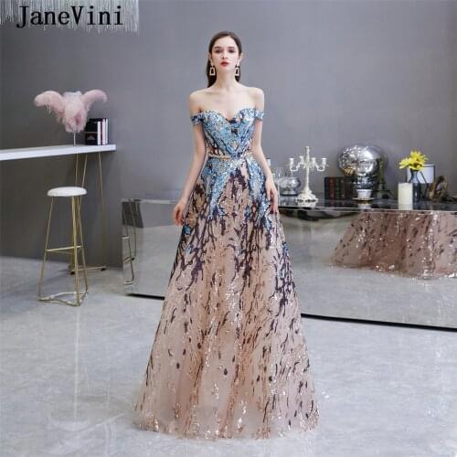JaneVini 2020 Luxury Dubai Long Evening Dresses Sparkle Gold Blue Sequins Off the Shoulder A Line Floor Length Women Dinner Gown