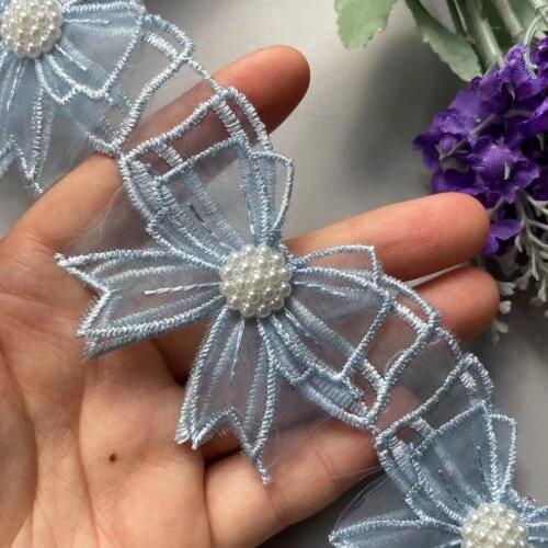 10X Blue Lace Trim Ribbon Mesh Bowknot Rhinestones Embroidered Patches Applique Fabric DIY Wedding Dress Sewing Supplies 5.5CM