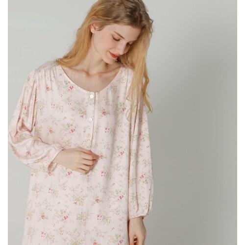 2021 Summer Thin Satin Flower Long Skirt Long Sleeve Viscose Nightgowns Round Neck Thin Women Sleepwear Sexy Sleeping Dress