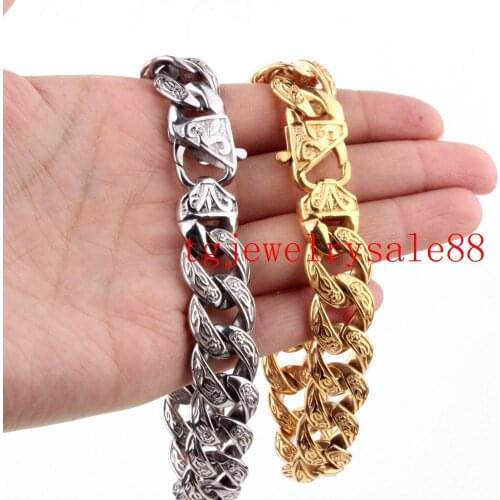 Biker Men Bangle 15mm Solid Stainless Steel Casting Flower Cuban Curb Link Chain Bracelet Jewelry Gold Color Or Silver Color 9"
